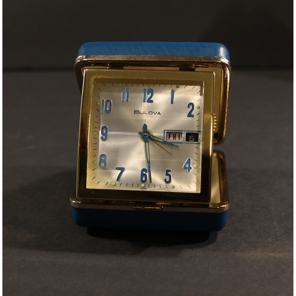 Vintage Bulova Folding Travel Alarm Clock. Day and Date Display. Made in Japan M